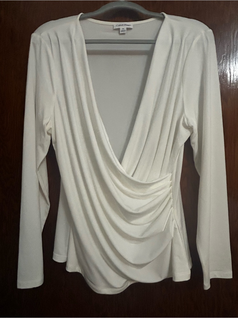 Calvin Klein Cream Draped V-Neck Long Sleeve Blouse
